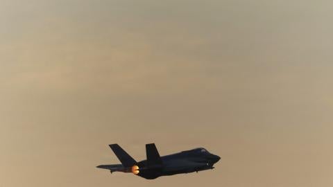 A U.S. Marine Corps F-35C Lightning II takes flight, at an undisclosed location in the Middle East, in support of Operation Epic Fury, May 28, 2026. The squadron maintains combat readiness to support flight operations throughout the U.S. Central Command area of responsibility. (U.S. Marine Corps photo by Sgt. Joealfred Damaso)