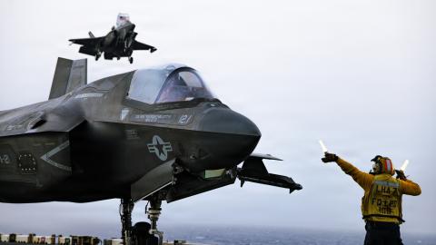 A US Marine Corps F-35B Lightning II lands aboard the America-class assault ship USS Tripoli during flight operations in the US Central Command area of responsibility on May 30, 2026. (US Marine Corps)