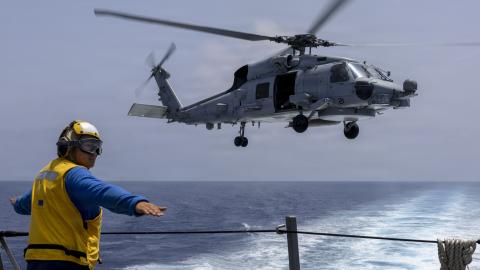 MEDITERRANEAN SEA (July 12, 2026) Seaman Joshua Tejeda sends off an MH-60R Seahawk helicopter, assigned to Helicopter Maritime Strike Squadron (HSM) 79, during a vertical replenishment evolution aboard the Arleigh Burke-class guided-missile destroyer USS Paul Ignatius (DDG 117), July 12, 2026. Paul Ignatius is on a scheduled deployment in the U.S. 6th Fleet area of operations to support the warfighting effectiveness, lethality and readiness of U.S. Naval Forces Europe-Africa, and defend U.S., Allied and par