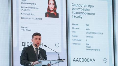 President of Ukraine Volodymyr Zelensky has a speech during the presentation of digital state service Diya (The Action) in Kyiv, Ukraine, February 6, 2020. Ukraine presents an online service that provides its citizens and businesses with access to all electronic government services by a single standard (Photo by Sergii Kharchenko/NurPhoto via Getty Images)