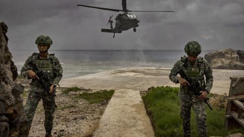 A Philippine Air Force Black Hawk helicopter lands on June 29, 2023, on Mavulis Island, which is the Philippines’ northernmost island and is roughly 88 miles from Taiwan. (Getty Images)