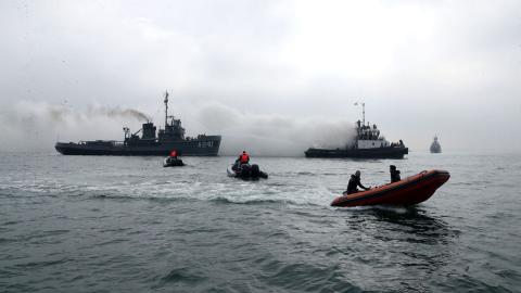 Warships from Azerbaijan and Iran take part in joint naval exercises in the Caspian Sea near Baku, Azerbaijan, on November 4, 2024. (Getty Images)