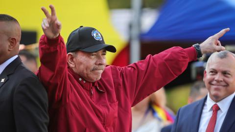 President of Nicaragua Daniel Ortega waves at Palacio Federal Legislativo on January 10, 2025, in Caracas, Venezuela. (Getty Images)