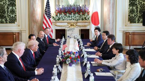 President Donald Trump and Japanese Prime Minister Sanae Takaichi talk during their summit meeting at the Akasaka Palace on October 28, 2025, in Tokyo, Japan. (Getty Images) Share to Twitter