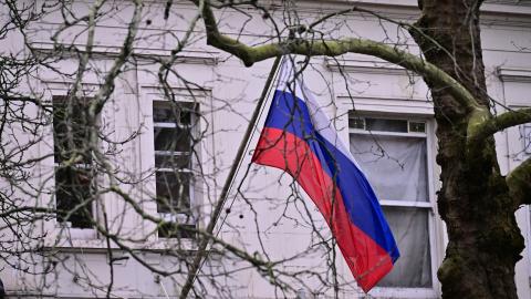 The Russian flag hangs outside the Russian Embassy in London on February 2, 2026, after the UK revoked a Russian diplomat’s accreditation in a tit-for-tat move. (Getty Images)