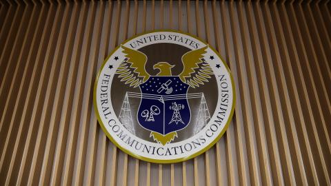 The seal for the Federal Communications Commission at FCC headquarters on February 18, 2026, in Washington, DC. (Getty Images)