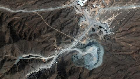 A Vantor satellite image shows tunnel construction activity and road infrastructure near the Natanz nuclear facility in the mountainous area around Pickaxe Mountain on September 18, 2025. (Satellite image (c) 2026 Vantor, via Getty Images)