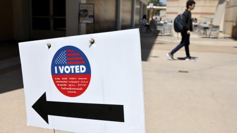 An “I Voted” sign points to a vote center at UCLA’s campus on June 1, 2026, in Los Angeles, California. (Getty Images)