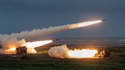  TAIWAN-DFEENCE Taiwanese Army M142 High Mobility Artillery Rocket System (HIMARS) vehicles launch projectiles during a live-fire training exercise in Taichung on June 10, 2026. (Photo by CHENG Yu-chen / AFP via Getty Images)