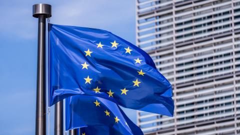 EU flags fly at the entrance to the European Commission ahead of the European Union summit on June 18, 2026. (Getty Images)