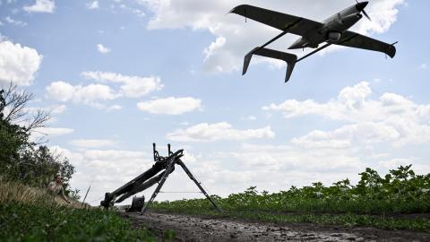 A technician launches a Ukrainian Raybird (ACS-3) UAV from a catapult during an aerial reconnaissance mission in the Oleksandrivka sector in Dnipropetrovsk Oblast, Ukraine, on June 22, 2026. (Getty Images)