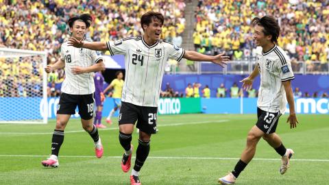 Kaishu Sano of Japan celebrates with Ayase Ueda and Keito Nakamura after scoring the team's first goal during the FIFA World Cup 2026 Round of 32 on June 29, 2026, in Houston, Texas. (Getty Images)