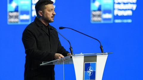Ukrainian President Volodymyr Zelensky delivers a speech during the Defense Industry Forum held as part of the 36th NATO Summit in Ankara, Turkiye, on July 7, 2026. (Getty Images)