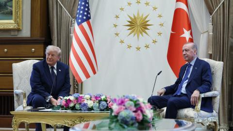 Turkish President Recep Tayyip Erdogan meets with President Donald Trump ahead of the 36th NATO Summit in Ankara, Turkiye, on July 7, 2026. (Getty Images)