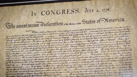 A copy of the Declaration of Independence at the former home of Thomas Paine, on July 4, 2026, in Lewes, England. (Getty Images)