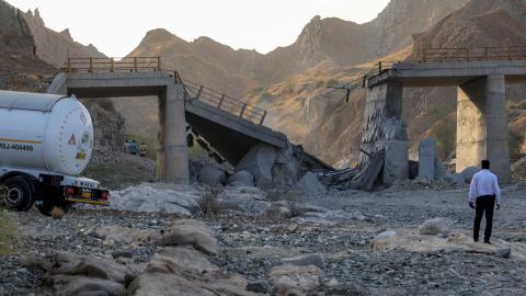 A heavily damaged bridge that was hit by a US strike in southern Iran on July 18, 2026. (Getty Images)