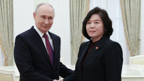 Russia’s President Vladimir Putin shakes hands with North Korea’s Foreign Minister Choe Son-hui during a meeting in Moscow on July 19, 2026. (Getty Images)