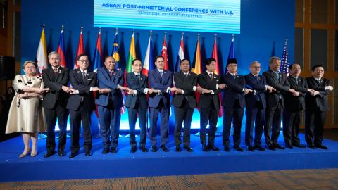 Secretary of State Marco Rubio poses for a group photo with ASEAN foreign ministers on July 22, 2026, in Manila, Philippines. (Getty Images)