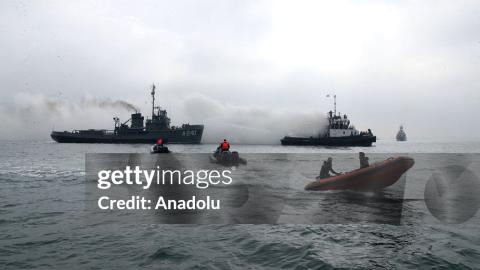 Warships from Azerbaijan and Iran take part in joint naval exercises in the Caspian Sea in Baku, Azerbaijan, on November 04, 2024. (Getty Images)