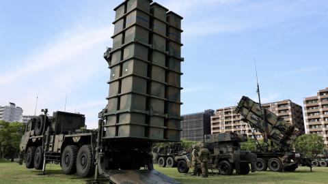 Multi-layered air defense consisting of a Japanese-developed surface-to-air missile system Chu-SAM and Kin-SAM alongside a US MIM-104 Patriot are seen during Orient Shield 22 at Camp Fukuoka in Japan on August 29, 2022. (US Army)