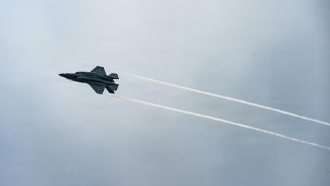 A U.S. Marine Corps F-35B Lightning II aircraft assigned to Marine Fighter Attack Squadron (VMFA) 533 flies overhead at Keesler Air Force Base, Mississippi, July 11, 2026. Three Aircraft briefly stopped at Keesler to refuel before returning to Marine Corps Air Station Beaufort, South Carolina after a cross country training mission practicing mid-air refueling, air combat and flying in unfamiliar conditions. (U.S. Air Force photo by Senior Airman Kaleb Tewes)