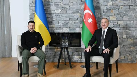 Azerbaijan’s President Ilham Aliyev and Ukraine’s President Volodymyr Zelenskyy meet in Davos, Switzerland, on January 22, 2025. (Getty Images)