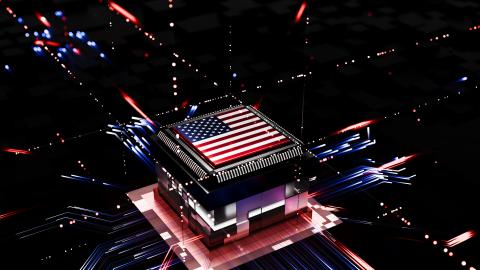 A conceptual close-up of a circuit board scene with the American flag. (Getty Images)