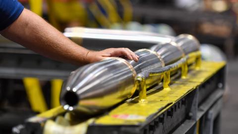 Mortar shells move along a conveyor at General Dynamics in Scranton, Pennsylvania, on August 20, 2026. (Getty Images)