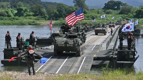 A US infantry carrier vehicle crosses a river during a South Korea–US joint military exercise in Yeoju, South Korea, on August 27, 2025. (Getty Images)