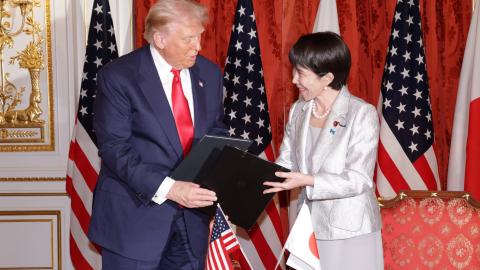 President Donald Trump and Japanese Prime Minister Sanae Takaichi exchange documents at the Akasaka Palace on October 28, 2025, in Tokyo, Japan. (Getty Images)
