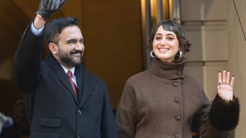 New York Mayor Zohran Mamdani and his wife, Rama Duwaji, at City Hall in New York City on January 1, 2026. (Getty Images)