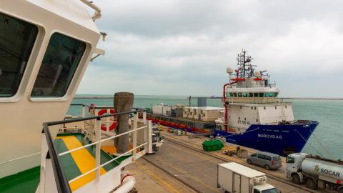 A source vessel at the Baku shipyard in Baku, Azerbaijan, on February 10, 2026. (Getty Images)