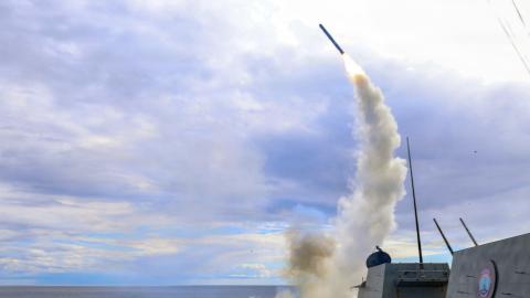 Arleigh Burke-class guided-missile destroyer USS Thomas Hudner fires a Tomahawk land-attack missile on March 1, 2026, at sea. (Getty Images)