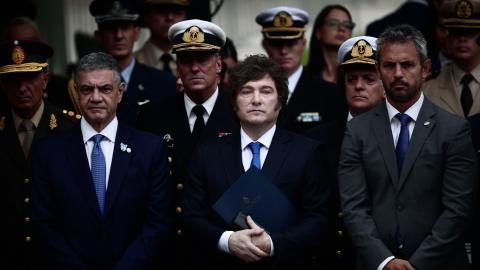Argentine President Javier Milei and Buenos Aires City Mayor Jorge Macri attend a ceremony on April 2, 2026, in Buenos Aires, Argentina. (Getty Images)