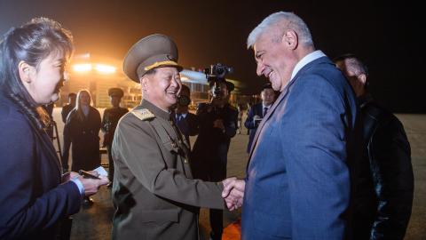 Russian Minister of Internal Affairs Vladimir Kolokoltsev is greeted by North Korean Minister of Public Security Pang Tu-sop at Pyongyang International Airport in North Korea on April 20, 2026. (Getty Images)