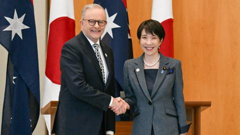 Australia’s Prime Minister Anthony Albanese shakes hands with Japan’s Prime Minister Sanae Takaichi at Parliament House in Canberra, Australia, on May 4, 2026. (Getty Images)