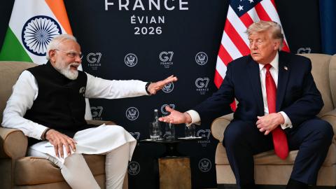 President Donald Trump prepares to shake hands with India’s Prime Minister Narendra Modi during a bilateral meeting as part of the G7 summit, in Evian, eastern France, on June 17, 2026. (Getty Images)