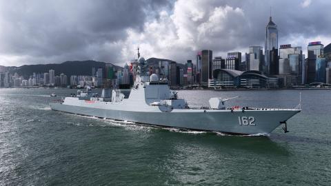 A drone photo shows the People’s Liberation Army Navy guided-missile destroyer Nanning sailing into Victoria Harbor in Hong Kong on July 2, 2026. (Getty Images)
