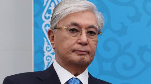 Kazakhstan's President Kassym-Jomart Tokayev looks on as he attends a meeting with Russia's President Putin in Omsk, Russia, on July 25, 2026. (Getty Images)