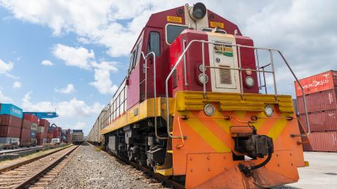 A freight train is seen at Port Reitz Station along the Mombasa–Nairobi Standard Gauge Railway in Mombasa, Kenya, on July 9, 2026. The railway was a part of the Belt and Road Initiative. (Getty Images)