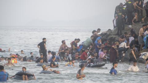 Migrants attempt to swim from Morocco to Ceuta, Spain, on July 30, 2026. (Getty Images)