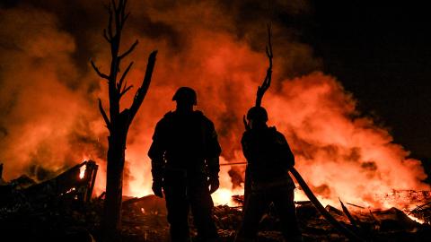Ukrainian rescuers extinguish a large-scale fire that broke out following a Russian strike using a North Korean ballistic missile on Zaporizhzhia, Ukraine, on August 11, 2026. (Getty Images) 