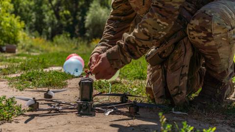 Members of the Khartiia Brigade demonstrate training against FPV drones in Kharkiv Oblast, Ukraine, on August 17, 2026. (Getty Images)