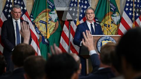 US Treasury Secretary Scott Bessent takes questions during a press conference at the Treasury Department in Washington, DC, on August 24, 2026. (Getty Images)