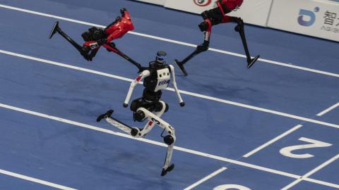 Robots race at the National Speed Skating Oval on August 25, 2026, in Beijing, China. (Getty Images)