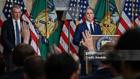 WASHINGTON, D.C., UNITED STATES - AUGUST 24: U.S. Treasury Secretary Scott Bessent takes questions during a press conference at the Cash Room of the Treasury Department in Washington, D.C., on August 24, 2026, as he announces a new set of sanctions against Iran, describing the measures as âan economic D-Day.â (Photo by Mehmet Eser/Anadolu via Getty Images)