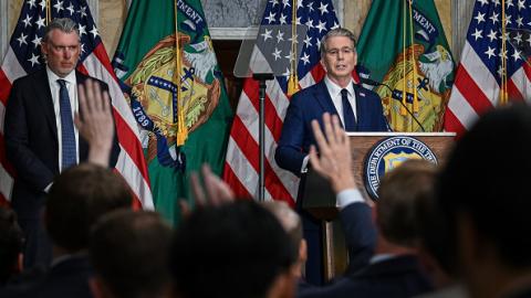 US Treasury Secretary Scott Bessent takes questions during a press conference at the Treasury Department in Washington, DC, on August 24, 2026. (Getty Images)