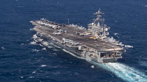 Nimitz-class aircraft carrier USS George Washington (CVN 73) operates in the South China Sea, Aug. 8, 2026. George Washington, operating in the U.S. 7th Fleet area of operations, is the U.S. Navy’s premiere forward-deployed aircraft carrier, a long-standing symbol of the United States’ commitment to maintaining a free and open Indo-Pacific, while operating alongside allies and partners across the U.S. Navy’s largest numbered fleet. (U.S. Navy photo by Mass Communication Specialist Seaman Anthony Vilardi)