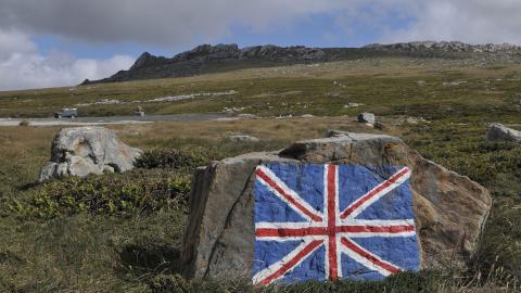 A United Kingdom flag painted on a rock in Stanley, Falkland Islands, on January 24, 2012. (Getty Images)