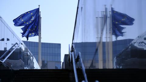 EU flags fly in front of the Berlaymont, the EU Commission headquarter, on February 17, 2025, in Brussels, Belgium. (Getty Images)